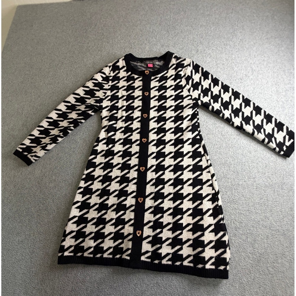 Vince Camuto Girls 4T Houndstooth Knit Sweater Dress Black White Heart Buttons